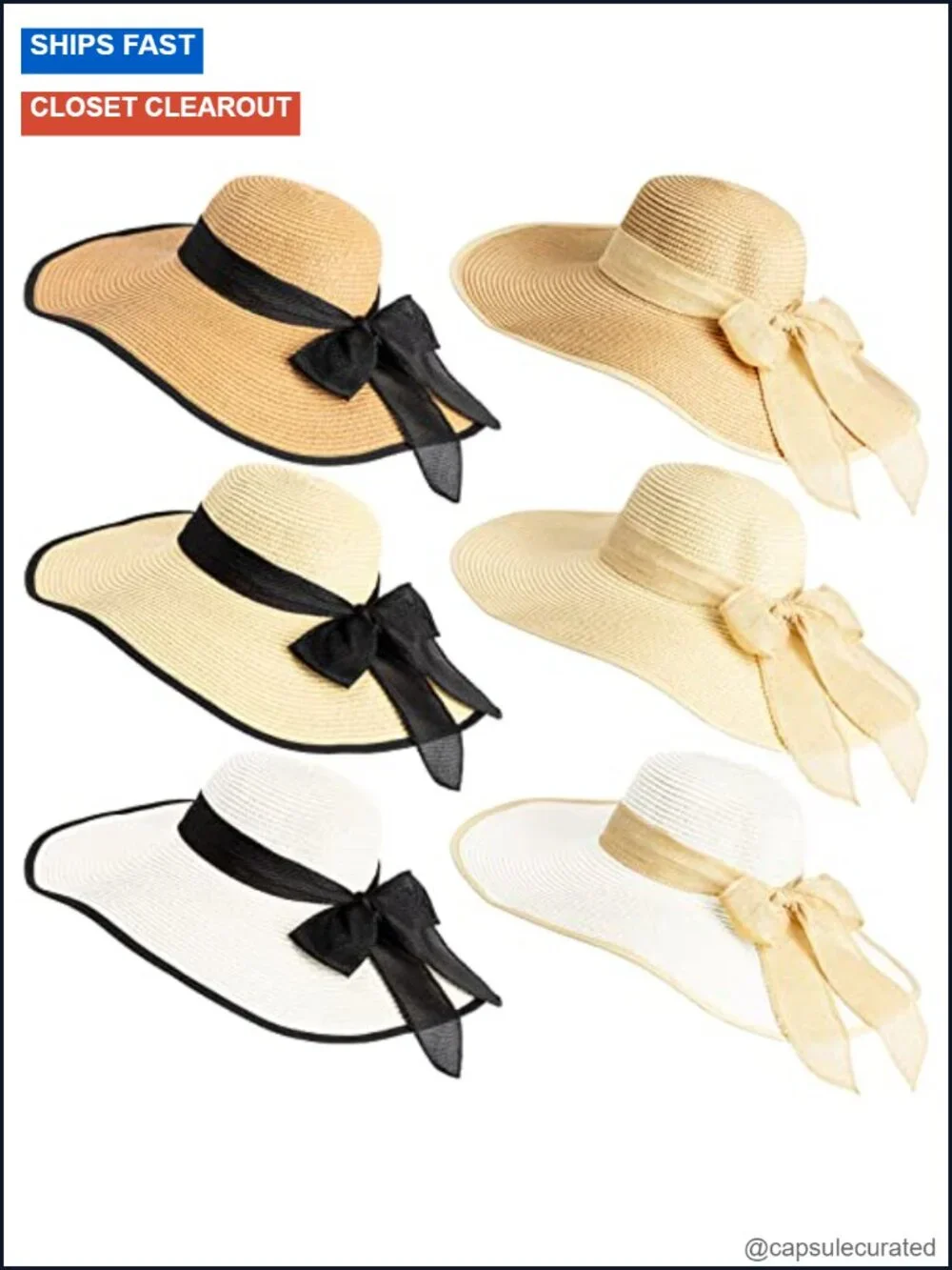 6 Pack Womens Floppy Straw Sun Hat Wide Brim UPF 50+ Adjustable Beach